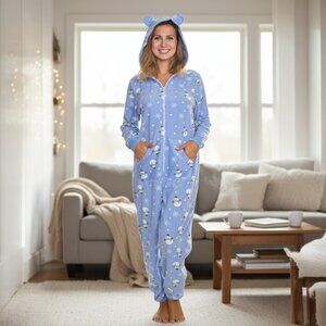 ☃️ Snowman One-Piece Pajama – Hooded Fleece Loungewear with Ears & Winter Print